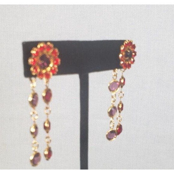 Red Hat Society Dangle Earrings Red Purple Gold Tone Chandelier Pierced - Picture 9 of 16